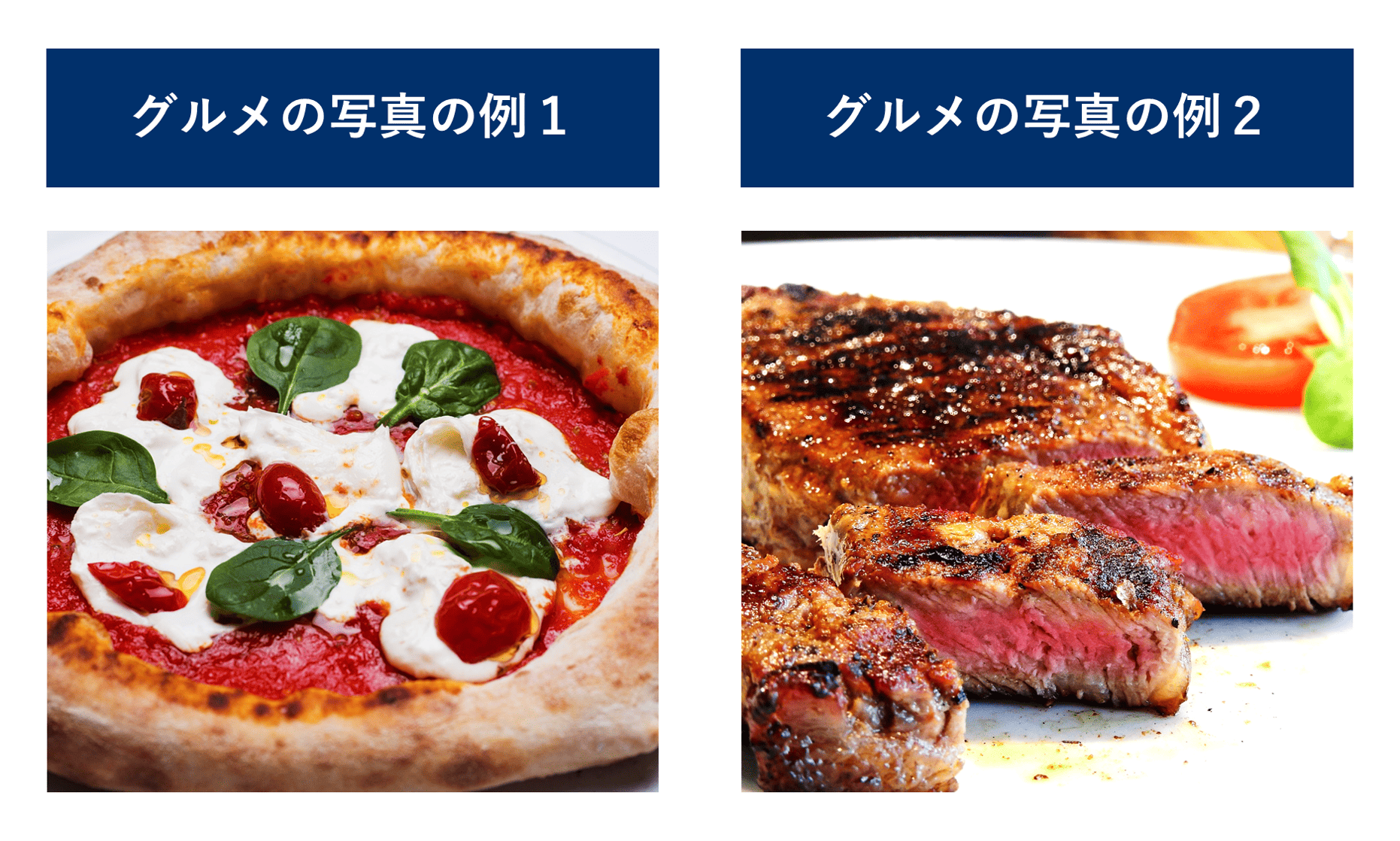 グルメの写真の二つの例（ピザとステーキ）